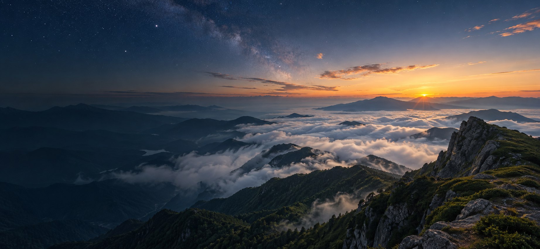 山顶日出、云海与黎明星空